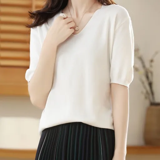 Women V Neck Knit Sweater Half Sleeve Pullover White L Size: L; Height (cm): 165-170; Weight (kg): 55-60; Bust (cm): 90-94; Waist (cm): 74-78; Shoulder width (cm): 39; Length (cm): 62