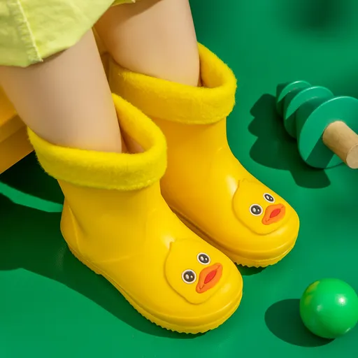 Cute Yellow Duck Kids Rain Boots with Removable Warm Cotton Liner - Waterproof Anti-Slip Toddler Wellies for Foot Length 13CM