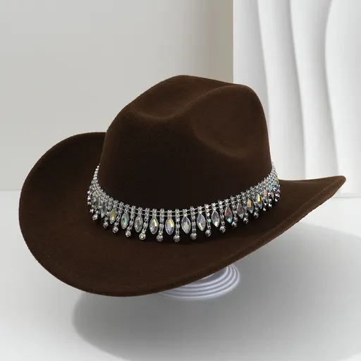 Rhinestone Cowboy Hat - Dark Brown Western Hat with Iridescent Gemstone Fringe Band, Wide Curved Brim for Weddings, Parties, Festivals and Stage Outfits