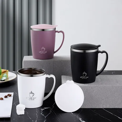 Insulated Coffee Mug with Handle & Lid - 17oz Stainless Steel Travel Tumbler, Double Wall Vacuum (Black) by 19_【Corporate Gifts】 Company Logo Customized Coffee Cup