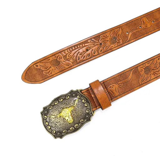 Western Cowboy Cowgirl Leather Belts - Women Men Turquoise Embossed Waist Belts With LongHorn Bull Buckles Fit110cm