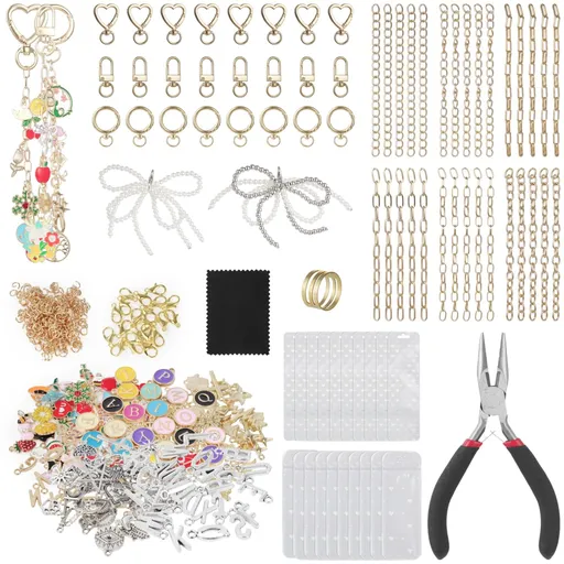 544PCS Keychain Making Kit, Including 24 Keychains, 198 Charms and Pliers, 30 Extender Chains, Colorful Beads, Enamel Pendants for DIY Crafts, Jewelry Making