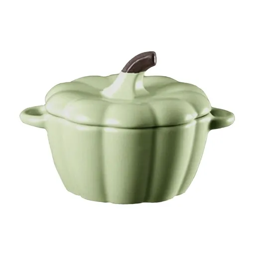 Pumpkin Bowl with Lid and Handle, Ceramic Ramekins for Baking, Casserole Dish Individual Severing Pot, Stoneware, Oven Safe, 10 Oz (Light Green)