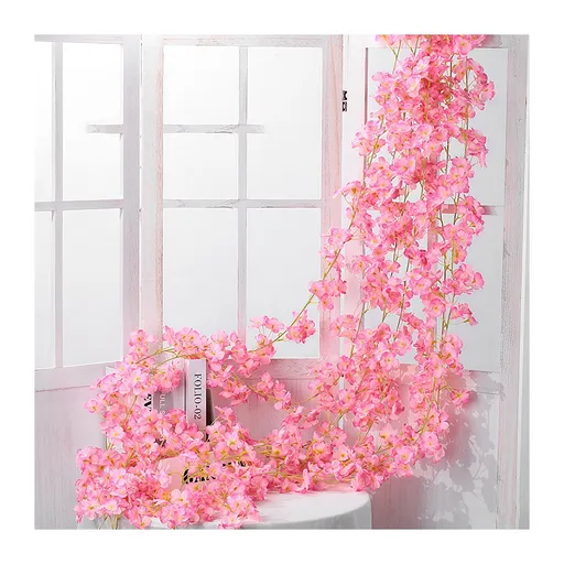 Artificial Flower Rattan Single 1.8m 135pcs Flowers Head Vivid Decorative Silk Plastic Hanging Fake Rattan for Decoration Deep Pink