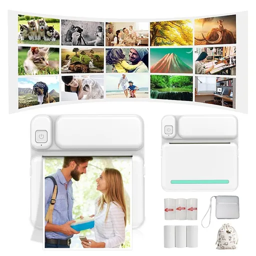 57mm Thermal Portable Bluetooth Printer Mini Wireless POS Photo Image Printer for iOS Android Phone - Inkless Travel Photo Sticker Label Maker with 3 Rolls Colored Paper and Self-Adhesive Tape