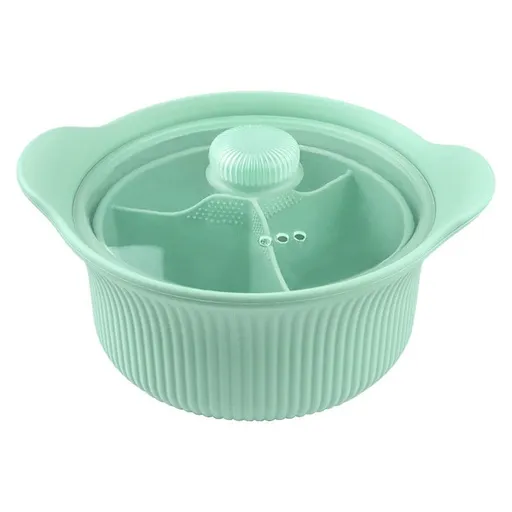 Food-Grade Silicone Divided Steamer Pot, Double-Handled Stew Pot with Lid, 1250ml, for Home Diet Cooking—Green