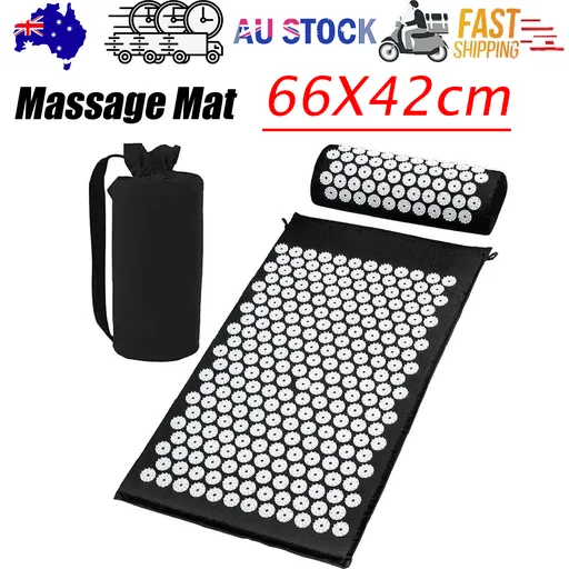 Acupressure Mat and Pillow Black Cotton Relief for Stress Pain and Muscle Tension 66 x 42 cm
