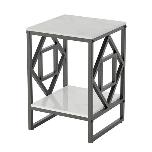 Sleek White Marble Side Table Sofa End Table Bedside Nightstand w Durable Frame