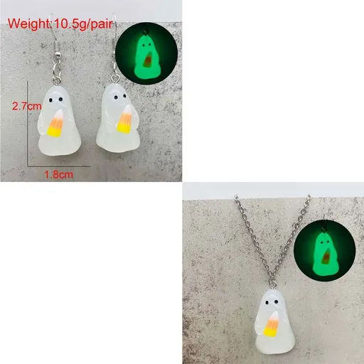 Halloween Ghosts Earrings and Necklace Set Glow in the Dark Adopt a Ghost Earrings Necklace Spooky Light up Halloween Jewelry Set for Women and Men - White - Size C