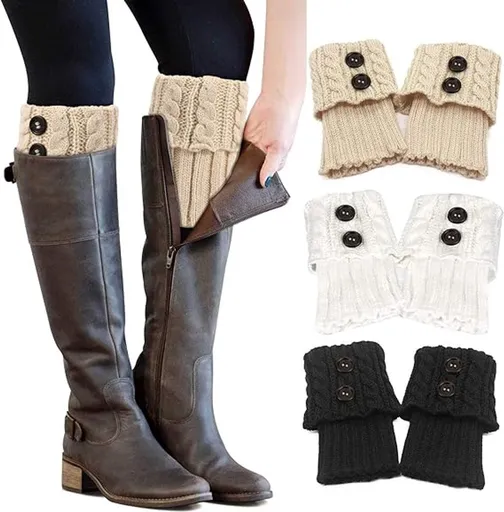 3 Pair Knitted Leg Warmers Button Cable Knit Black Beige White