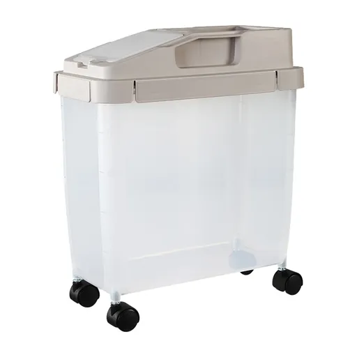 Airtight Pet Food Storage Container with Measuring Cup Lid, Large Dry Food Bin for Dog and Cat Food Storage, Beige, 28 x 13 x 34 cm