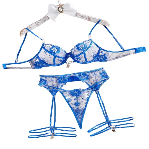 House Of Dasein Perspective Embroidery Sexy Lingerie Garter Belt Leg Ring Three Piece Set With Steel - Blue - M