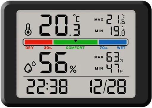 Wekker - Digital Hygrometer - Room Thermometer - Temperature and Humidity Meter - Baby's Room - Children's Room - Office - Kitchen - Wall Mounted in Garage - Desk Alarm Clock - Christmas Gift - Black