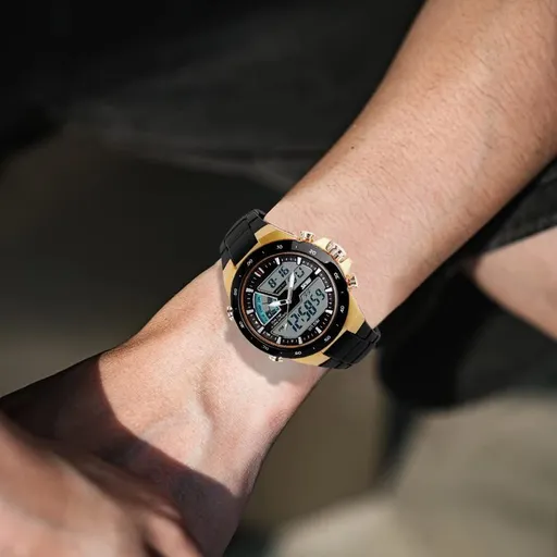 Men's Sports Watch Multifunction Waterproof 50M Shock Resistant Rubber Strap Gold