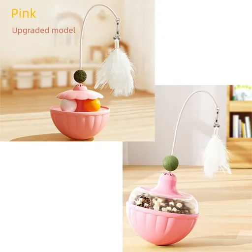 Pink 2Pcs Interactive Cat Wobble Toy Set - Dual Ball Turntable & Feeder with Feather Teaser and Catnip Ball - PP Plastic for Kitten Self-Entertainment