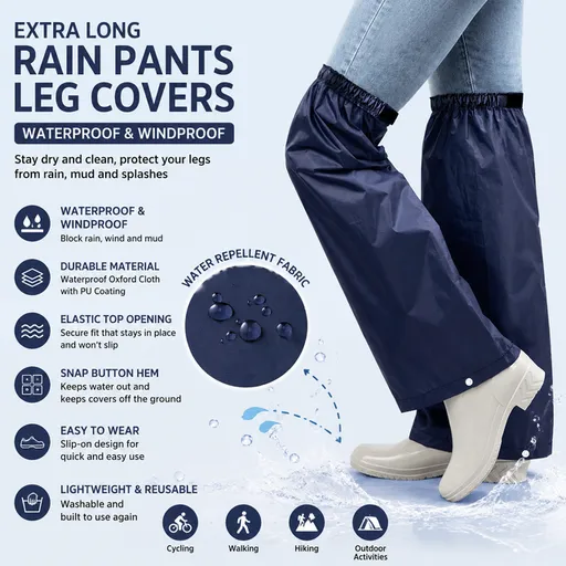 Navy Blue Waterproof Rain Leg Covers and Long Half Rain Pants, Quick Pull-On with Adjustable Elastic Top & Snap Closure Cuffs – Lightweight & Reusable, Windproof & Mudproof for Commuting, Cycling, Garden and Outdoor Activities (1 Pair 4XL)
