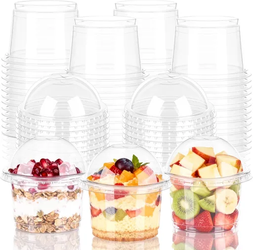 50 Sets 8oz Clear Plastic Cups with Dome Lids, Dessert Cups with Lids for Fruit, Parfait, Pudding, Yogurt, Ice Cream, Cake (Hole in the Lid)