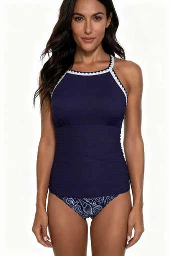 Spot Eco-friendly Fabric Navy Round Neck Swimsuit Sexy Tankini Size XL
