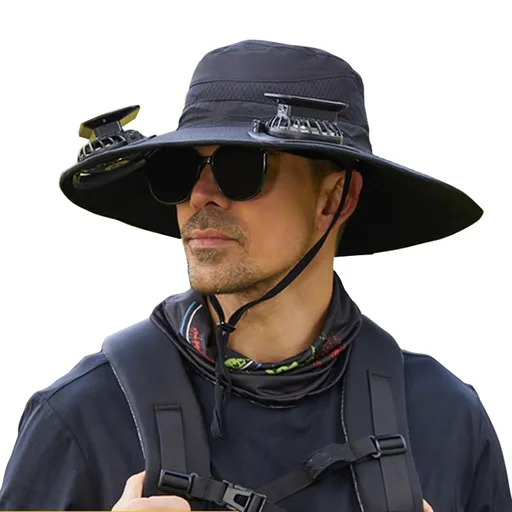 Solar Fan Hat Wide Brim Solar Fan Hat Outdoor Wide Brim Sun Hat with Solar Fan Fishing Hat, Removable & USB Charging Fan A-Black