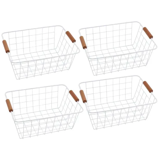 4 Pcs of Kitchen Storage Baskets for Pantry, Stackable White Wire Baskets with Wooden Handles, Metal Mesh Design, Ideal for Kitchen, Living Room, Bedroom