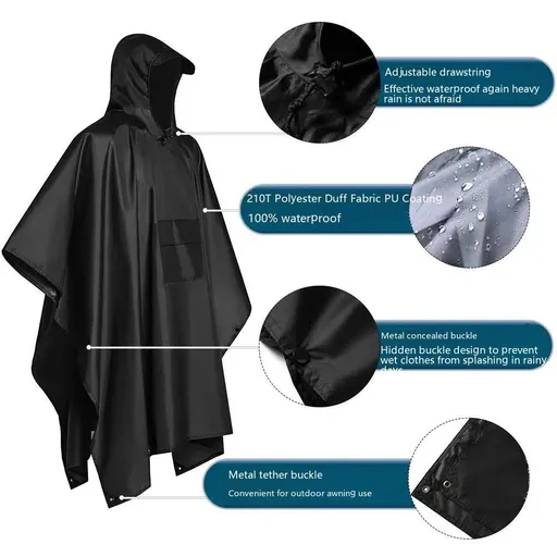 Unisex Rain Poncho Raincoat Hooded for Adults Women with Pockets PU one-piece raincoat multifunctional