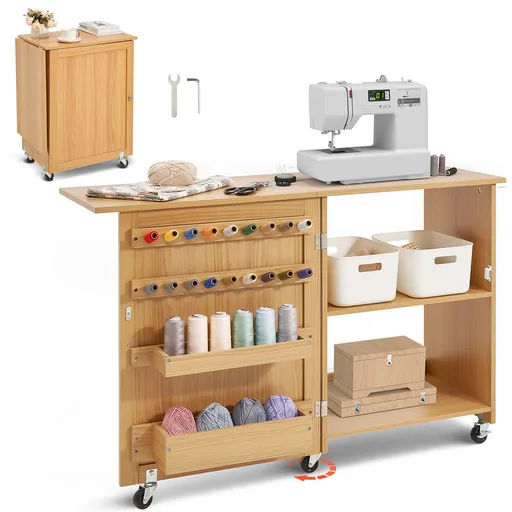 Folding Sewing Table with Lockable Wheels Shelves Trays Door Wood Color