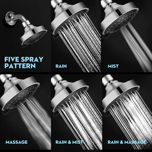 High Pressure Shower Head 5 Settings Fixed Showerhead 4 Inch High Flow Bathroom Showerhead with Adjustable Brass Ball Joint