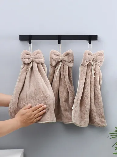 3pcs Pack Coral Fleece Creative Striped Bow Soft Absorbent Hand Towels With Hanging Loop Dish Cloths Kitchen Towel
