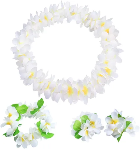 Yansanido 4 Pcs White Hawaiian Leis with Green Leaves for Graduation Party, Dance Party, Photo Prop in Outdoors (White)