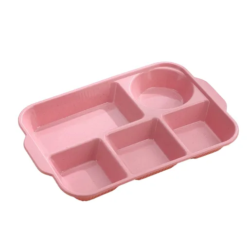 Unbreakable Divided Plates, 5-Compartment Wheat Straw Tray Divided Food Plates Lunch Trays Section Plates for Kids Adults, Microwave Dishwasher Safe, BPA Free Pink