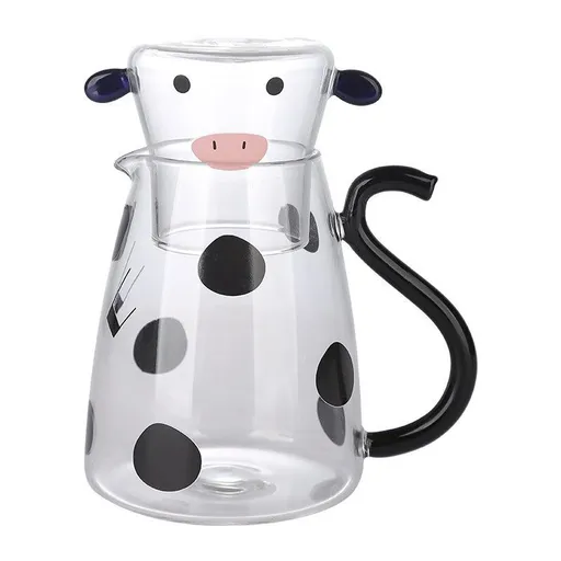 Bedside Water Carafe and Glass Set,Bedside Night Carafe Pitcher and Water Glass Tumbler Set, Cute Cartoon Cow Glass Water Pitcher