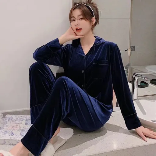 Women Winter Velvet Sleepwear Set Long Sleeve 096# Blue Female L