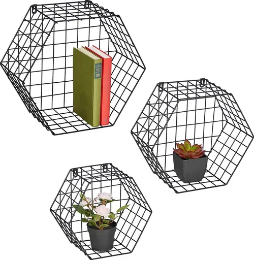 3-Piece Black Hexagon Wire Wall Shelf Set, Industrial Mesh Display Shelves in 3 Sizes