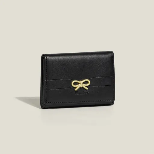 Black Compact Women's Bow-Accent Wallet - Fresh Minimalist PU Leather Foldable Card Holder with Multiple Slots
