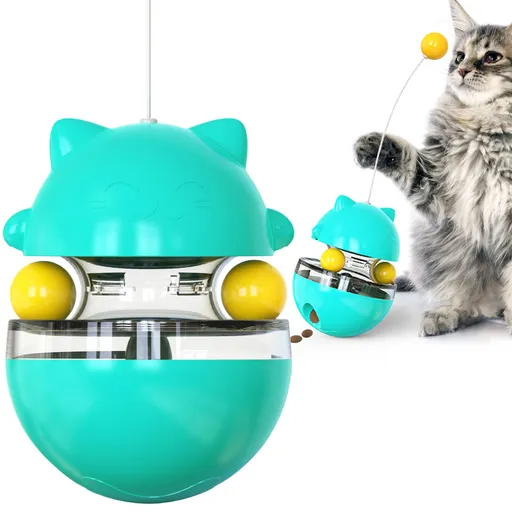 Cat Teaser Cup Toy, Interactive Treat Dispensing Ball with Wand (Blue)