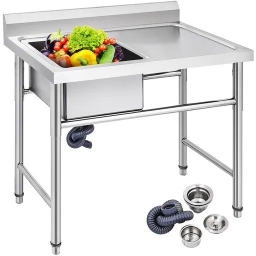 Handmade Sink Non-magnetic Stainless Steel Kitchen Sink Hand Made 1 Compartment 40.6 x 39.4 x 25.4 cm Capacity Huge Tub Sink with Right Hand Platform for Farmhouse Cafe Shop Hospital