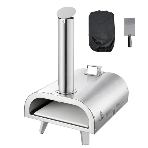 Pizza Oven Outdoor, 12" Pellet Pizza Oven, Portable Pizza-Stove with Built-in Thermometer, Wood Fired Stainless Steel Pizza-Maker, for Backyard, Camping, Pizza-Stone, Shovel, Carry Bag, Silver