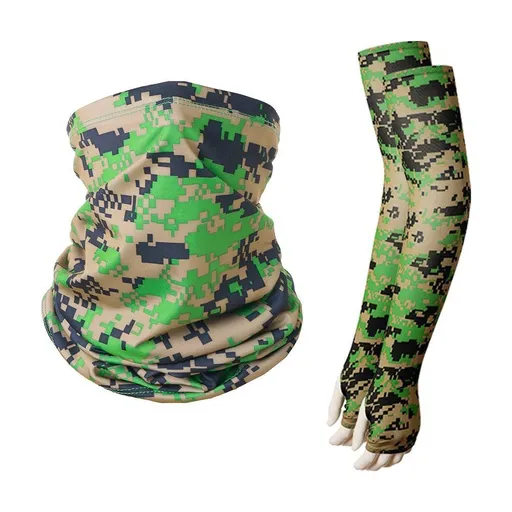 Camo Pattern Sun‑Proof Sleeve‑Glove‑Neck Tube Set, Stretch Fit For Various Body Shapes, Great For Wilderness Camping, Christmas Camper Gift, One Size, Camo Green Mask, 2 Pcs