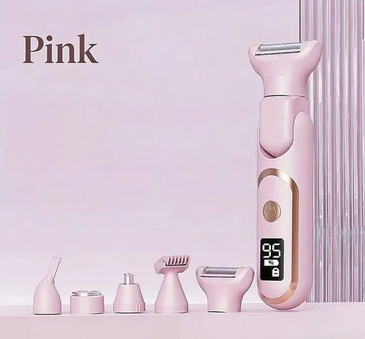 5-in-1 Pink Women Electric Body Hair Trimmer - Painless Shaver Nose Eyebrow Grooming Kit, 180° Rotatable Head and TypeC Charging