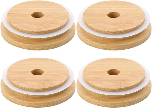 4 Pack 86mm Wide Mouth Bamboo Mason Jar Lids with Straw Hole Reusable Bamboo Caps Leak-Proof Glass Canning Drinking Storage Jars Lid