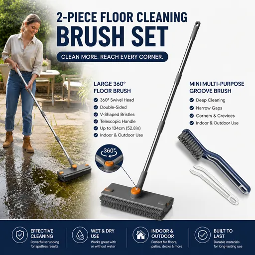 2-Piece Deep Cleaning Floor Brush and Mini Detail Gap Brush Set for Large Surfaces & Tight Gaps – Grey Orange Heavy Duty 360° Rotating V-Shaped Floor Scrubber with Silicone Squeegee and 134CM Telescopic Handle for Outdoor & Indoor Use