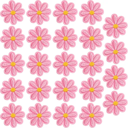 24pcs Flower Iron on Patches, Cute Daisy Flower Patch for Clothes, Sew on Embroidered Applique Patch, Sewing Floral Patches for Clothes Jeans Jackets Bags - Pink (4x4cm)