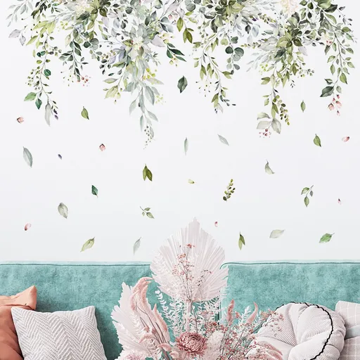 Green Hanging Vine Wall Stickers - Nature Plants Flower Leaves Wall Decals - Bedroom Living Room Sofa TV Background Home Wall Decor