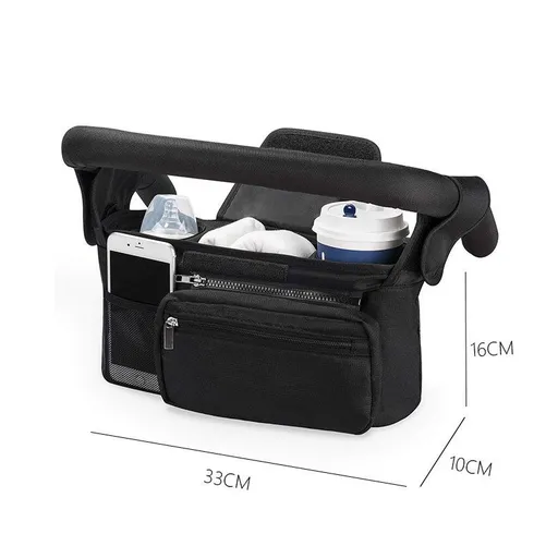 Black Universal Stroller Organizer Bag - Durable Water-Resistant Fabric - Dual Insulated Cup Holders, Large Capacity Storage Caddy for Diapers and Essentials, Fits Most Prams, Travel Friendly Solution