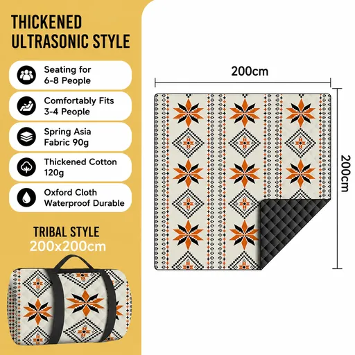200 x 200 CM Extra Large Thick Waterproof Ultrasonic Picnic Blanket - Diamond Shaped Ethnic Pattern Outdoor Camping & Beach Mat for 6 to 8 People