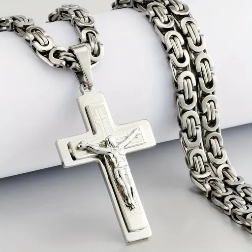Trendy Gold-Plated Cross Men's Pendant, paired with a Cuban chain—a bold, personal expression of faith.silver