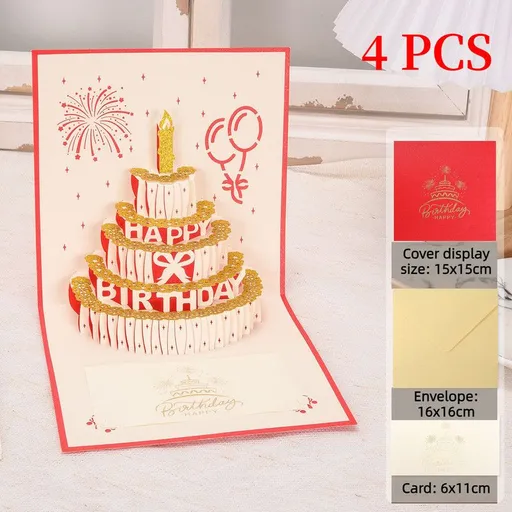 4-Pack - Gold Foil Cake 3D Pop-Up Birthday Cards, Creative Papercut Foldable Greeting Gift Cards - Red