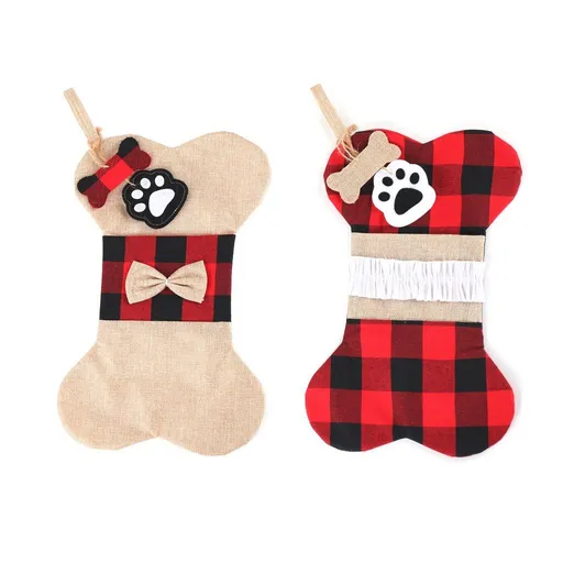Christmas Plaid Pet Stocking - Cute Buffalo Plaid Doggy Bone Paw Stockings for Puppy Dog Pets Set - Pack of 2