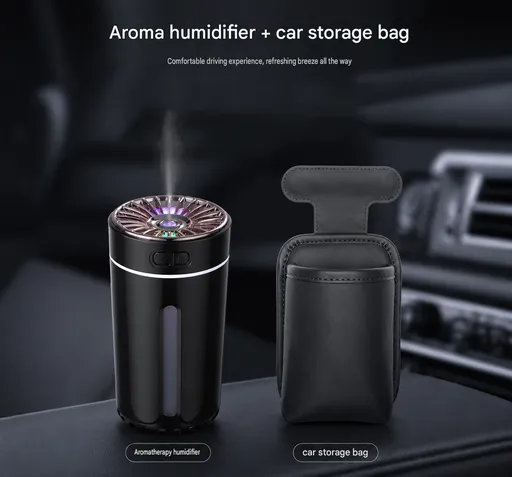 Black Car Aroma Diffuser Humidifier with Storage Box, USB Powered Car Air Freshener Mist Maker, Portable Vehicle Humidifier with Organizer Holder, Essential Oil Diffuser for Auto Interior Decoration