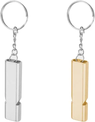2 Pack Metal Emergency Whistles with Keyrings, Loud Signal Safety Whistles for Hiking, Camping, Sport and Outdoor Use, Silver and Gold